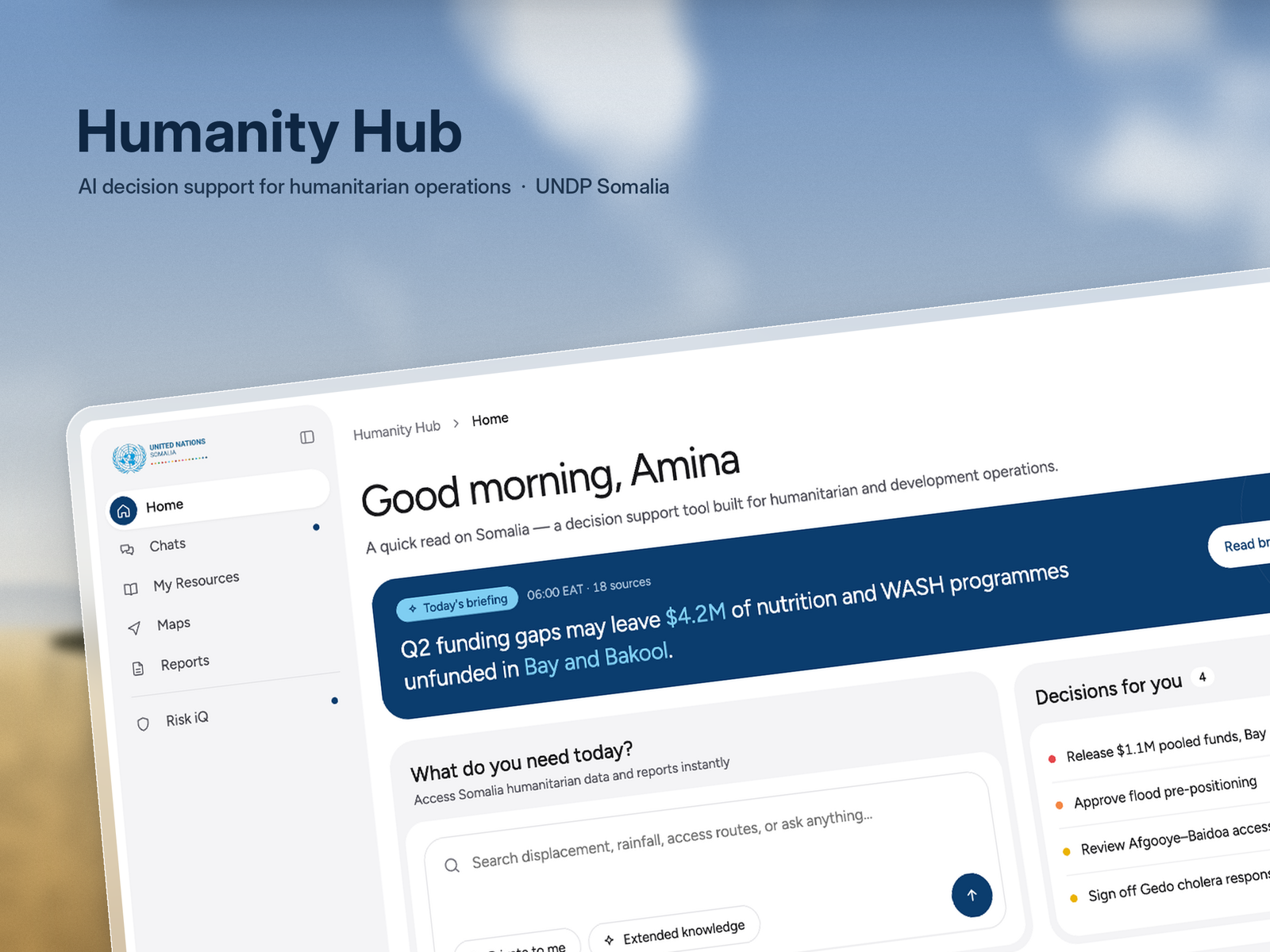 Humanity Hub home with briefing and decisions